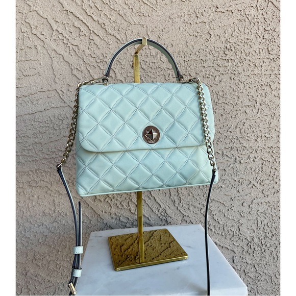 KATE SPADE Mint Blue Quilted Natalia Flap Satchel Bag w Top Handle Chain Strap - Picture 1 of 15